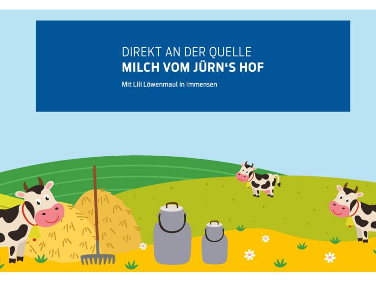 Kindliche Zeichnung vonKühen, Milchkannen, Misthaufen und Landschaft